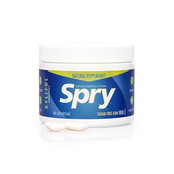Spry Fresh Natural Xylitol Chewing Gum Dental Defense System - Aspartame-Free, Sugar-Free, Non-GMO, Gluten-Free (Peppermint, 100 Count - Pack of 1)