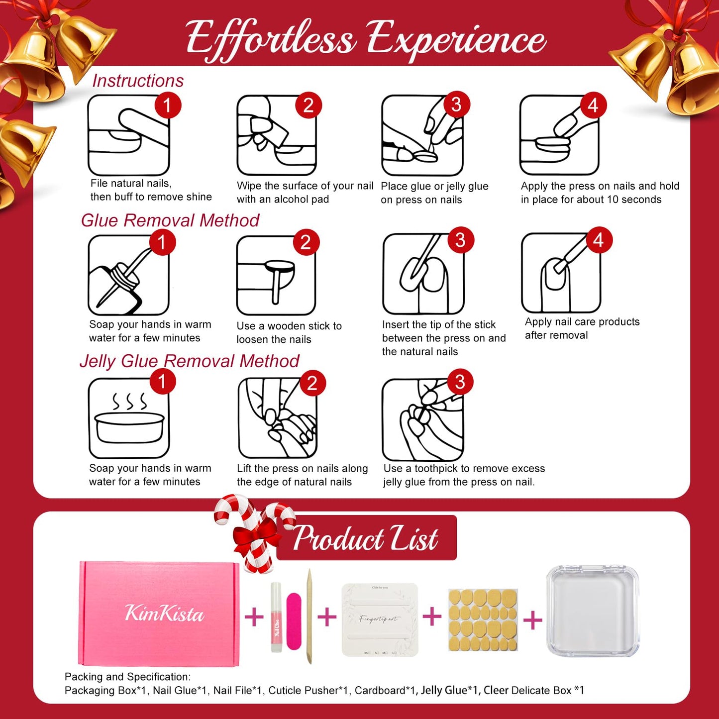 Handmade Press On Nails Coffin, Red Medium, Cute 3D for Women Gift, Reusable Stick On Fake Kit With Glue (Green/Red/White, XS)