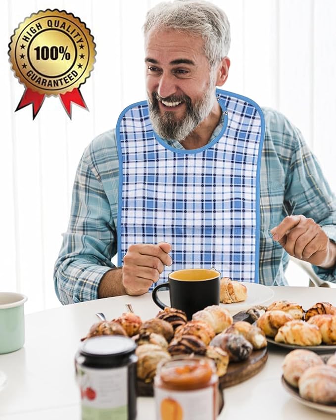 Adult Bibs, 3-Pack Washable Waterproof Clothing Protector for Men, Women, Elderly Seniors - Reusable Large Feeding Bibs