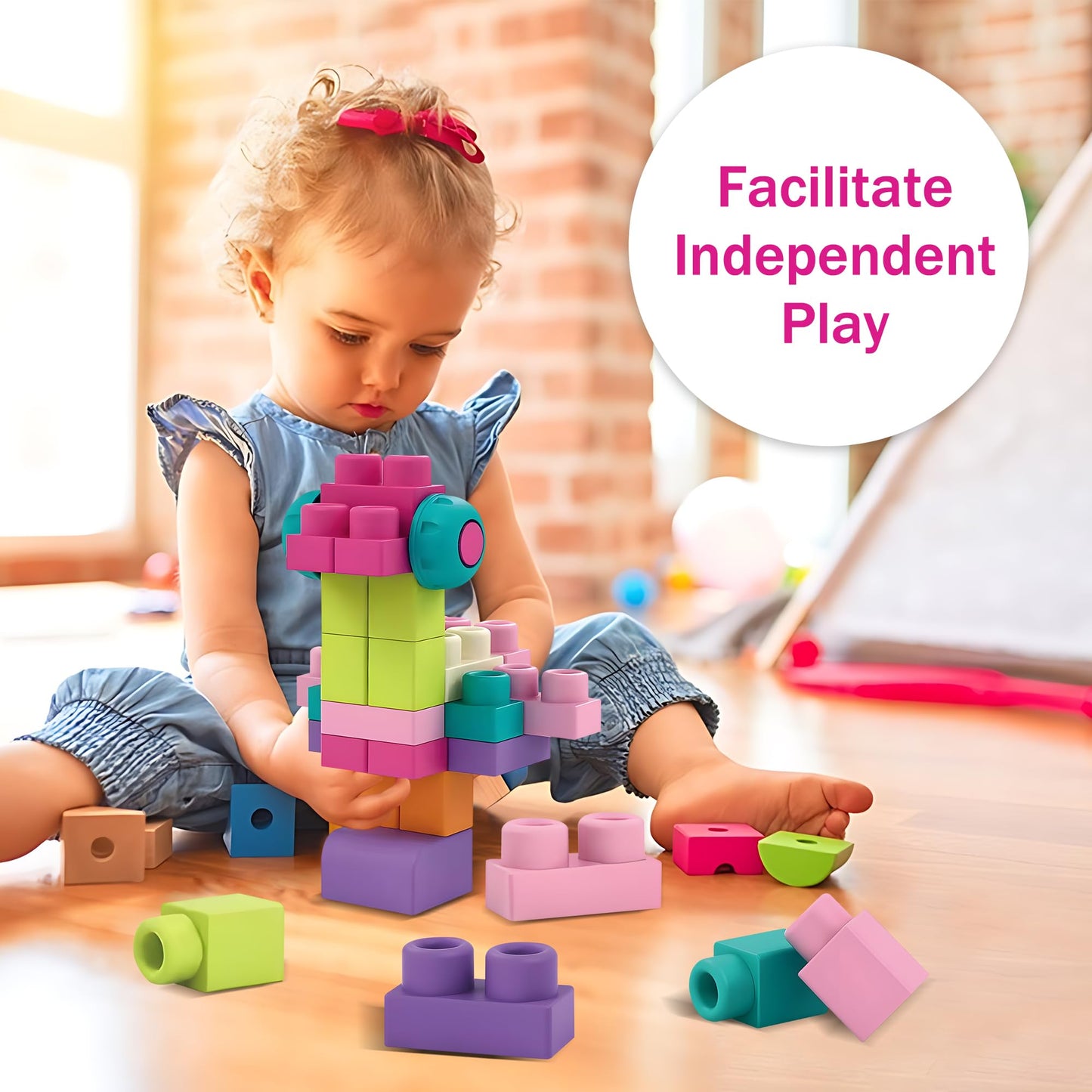 ROHSCE Soft Building Blocks for Toddlers, Stacking Blocks for Babies 6 Months and Up STEM Toddler Gifts, Large Construction Block Set Rubber Blocks Bag with 42 Pieces and Storage,Gift for Easter