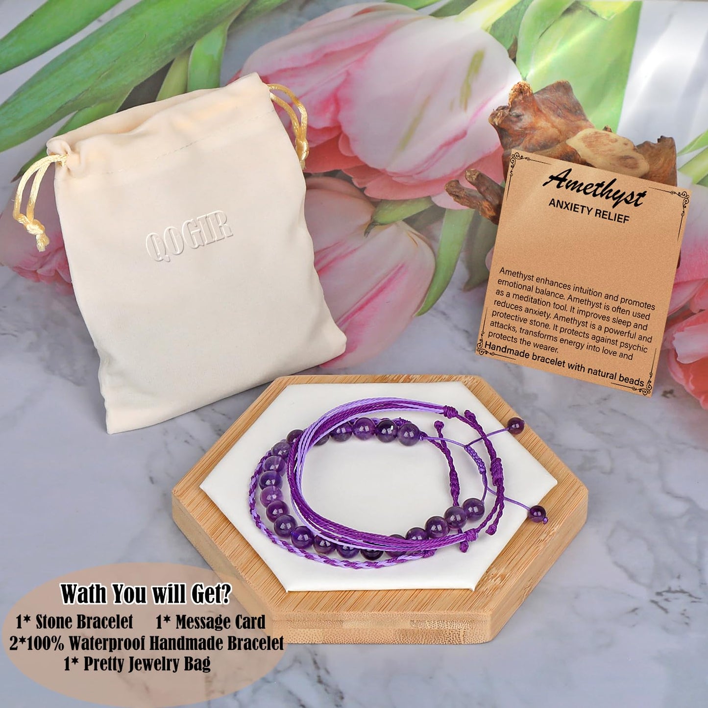 QOGIR Handmade Healing Stones Bracelets,8mm Natural Amethyst Beaded Bracelets,for Men Women Gifts with 2PCS Size Adjustable Rope Bracelets