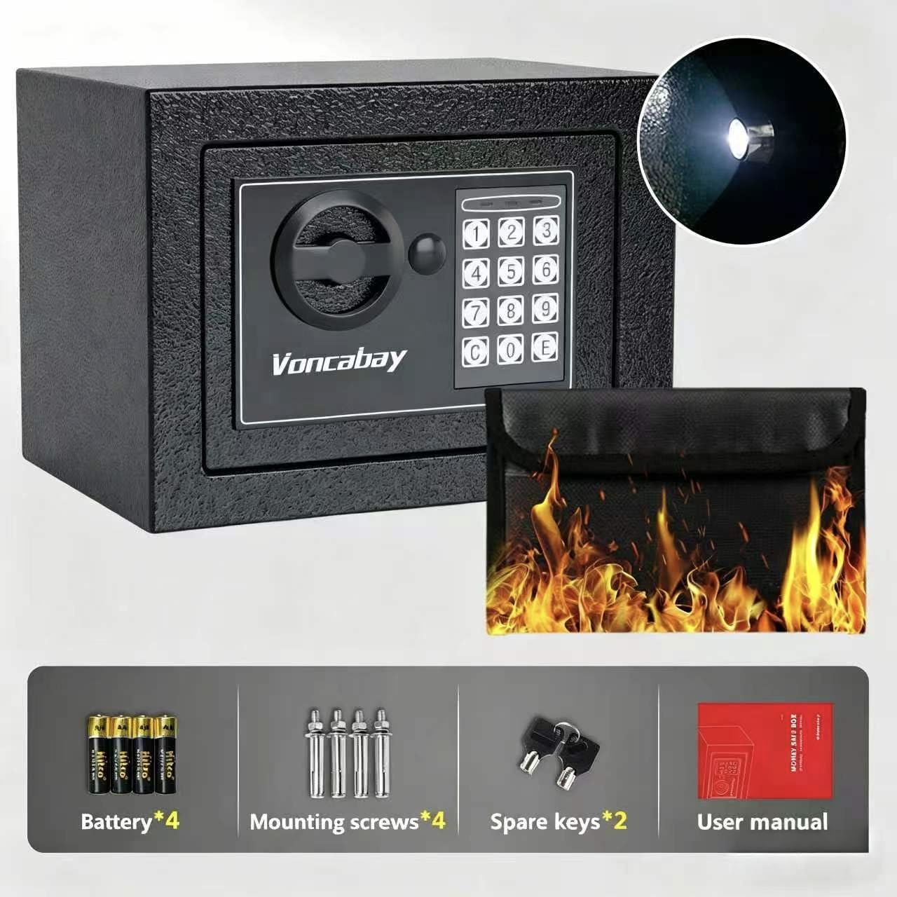 Voncabay Money Safe Box for Home with Sensor Light & Fireproof Money Bag - 0.23 Cubic Feet Security Safe Box with Digital Keypad, Keys & Pass Code Lock, 9.05" W x 6.69" D x 6.69" H, Black