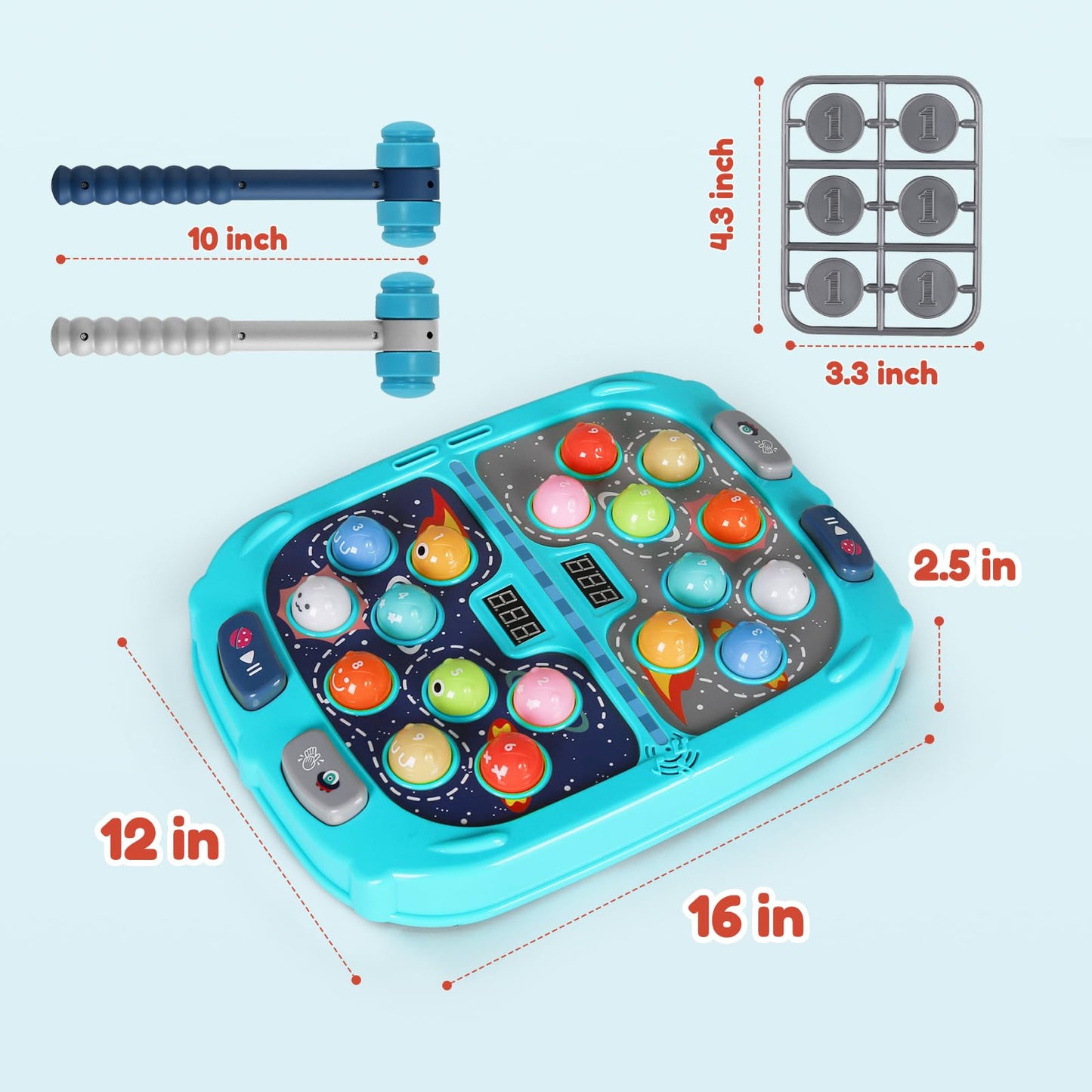 2-Player Whack Game Mole - Toys for Age 3-12 Kids,2 Hammers,3 Modes with Sound & Light,Safe Educational Pounding Toy,Birthday for 3 4 5 6+ Year Old Boys Girls,Blue