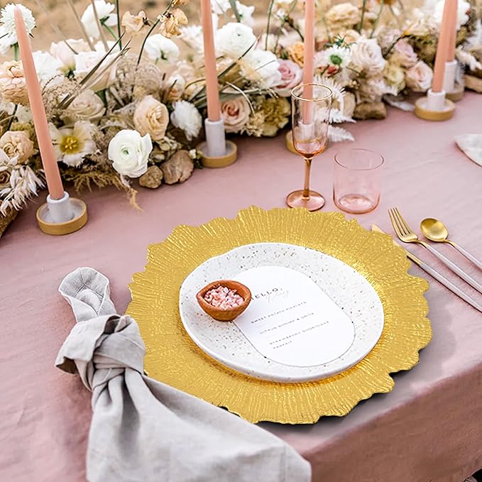 Teruntrue 24 Pcs Gold Charger Plates Bulk 13 Inch Plastic Charger Plates for Dinner Plate, Gold Chargers for Table Setting, Reef Design Plate Floral Decorative Round Chargers for Wedding Party, Event