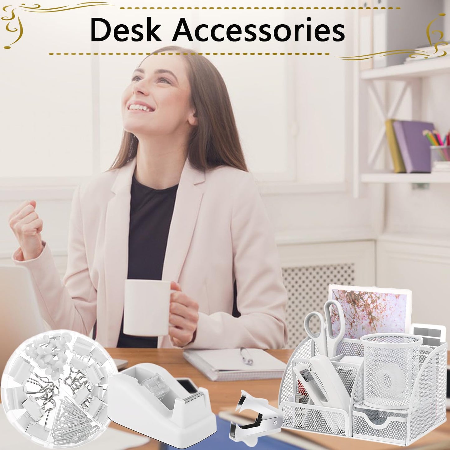 Office Supplies,Desk Accessories,Stapler and Tape Dispenser Set,1000 Staples,Staple Remover,Pen Holder,Folding Phone Holder,Journal Notebook,Ballpoint Pen,Scissor,Ruler,Clear Tape,Sticky Notes,Ect