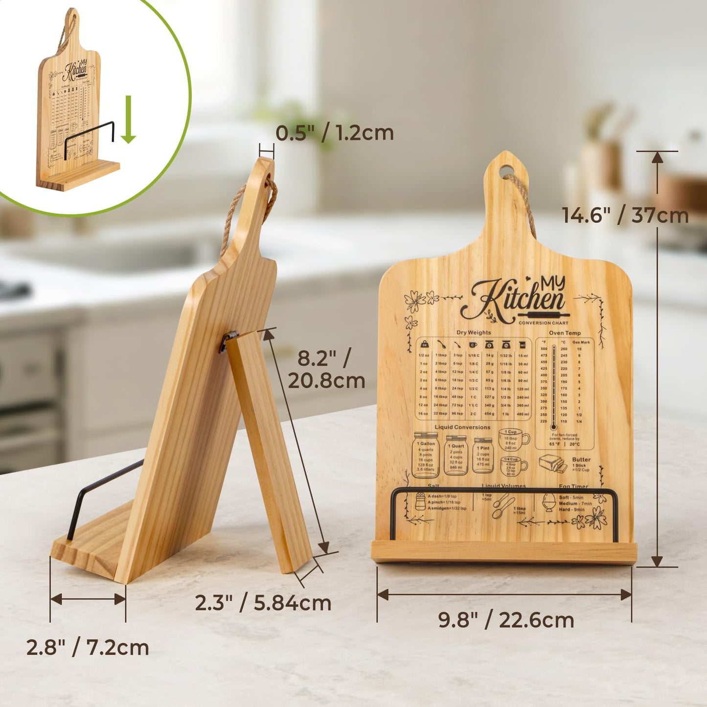 PUERSI Cook Book Stand for Kitchen Counter, Wooden Recipe Book Holder with Measurement Conversion Chart, Adjustable Cookbook Stand, Kitchen Gifts for Cooking Lovers