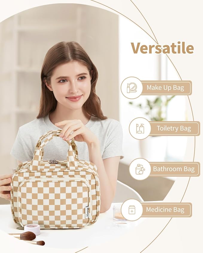 Narwey Large Travel Toiletry Bag for Traveling Women, Cosmetic Makeup Bag Make Up Organizer, Checkered Travel Bag for Toiletries with Handle (Light Checkerboard)
