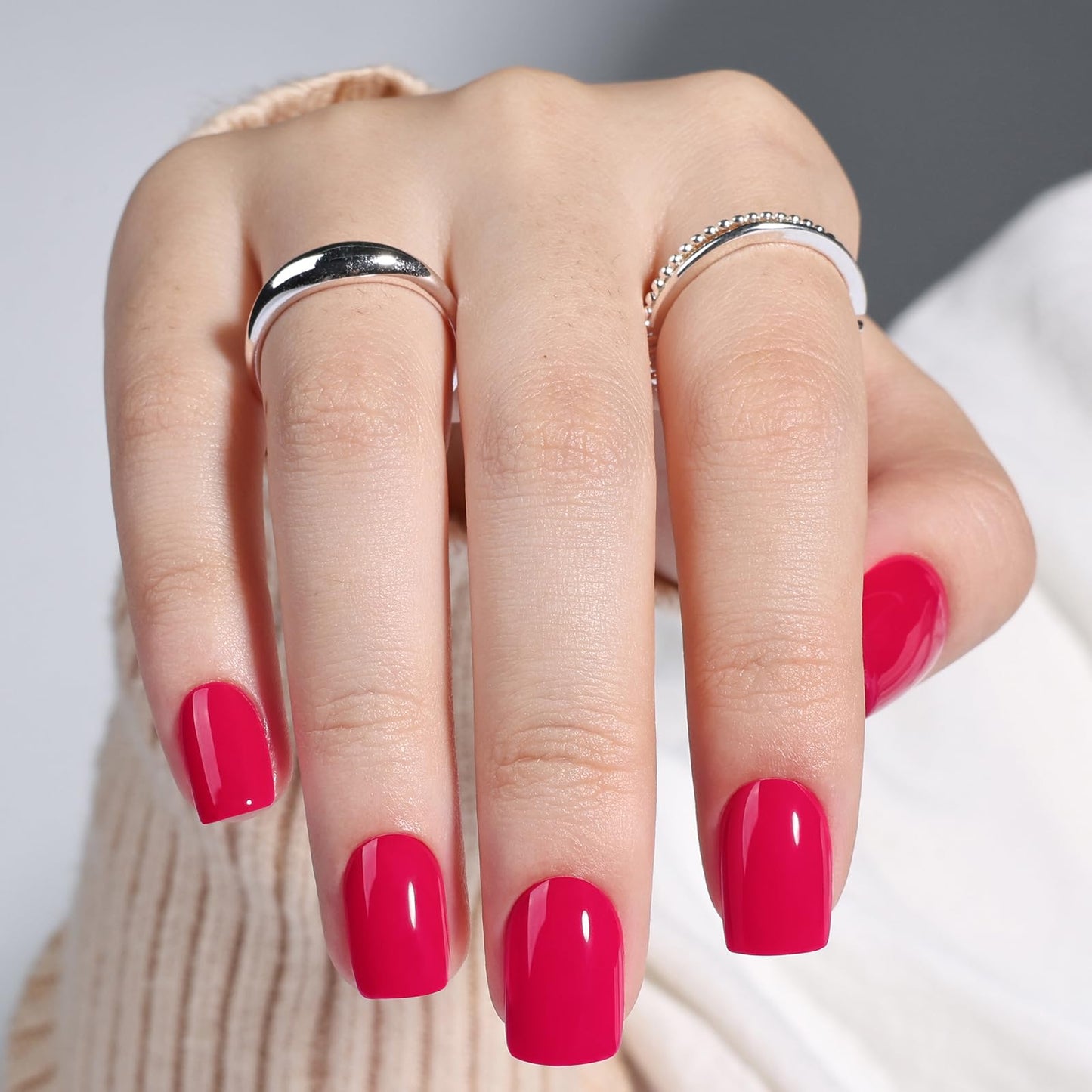 Hot Pink Press On Nails - Short Square Press On Nails with Glue for Women, Reusable Fake nails in 15 Sizes, 30 Stick On Nails