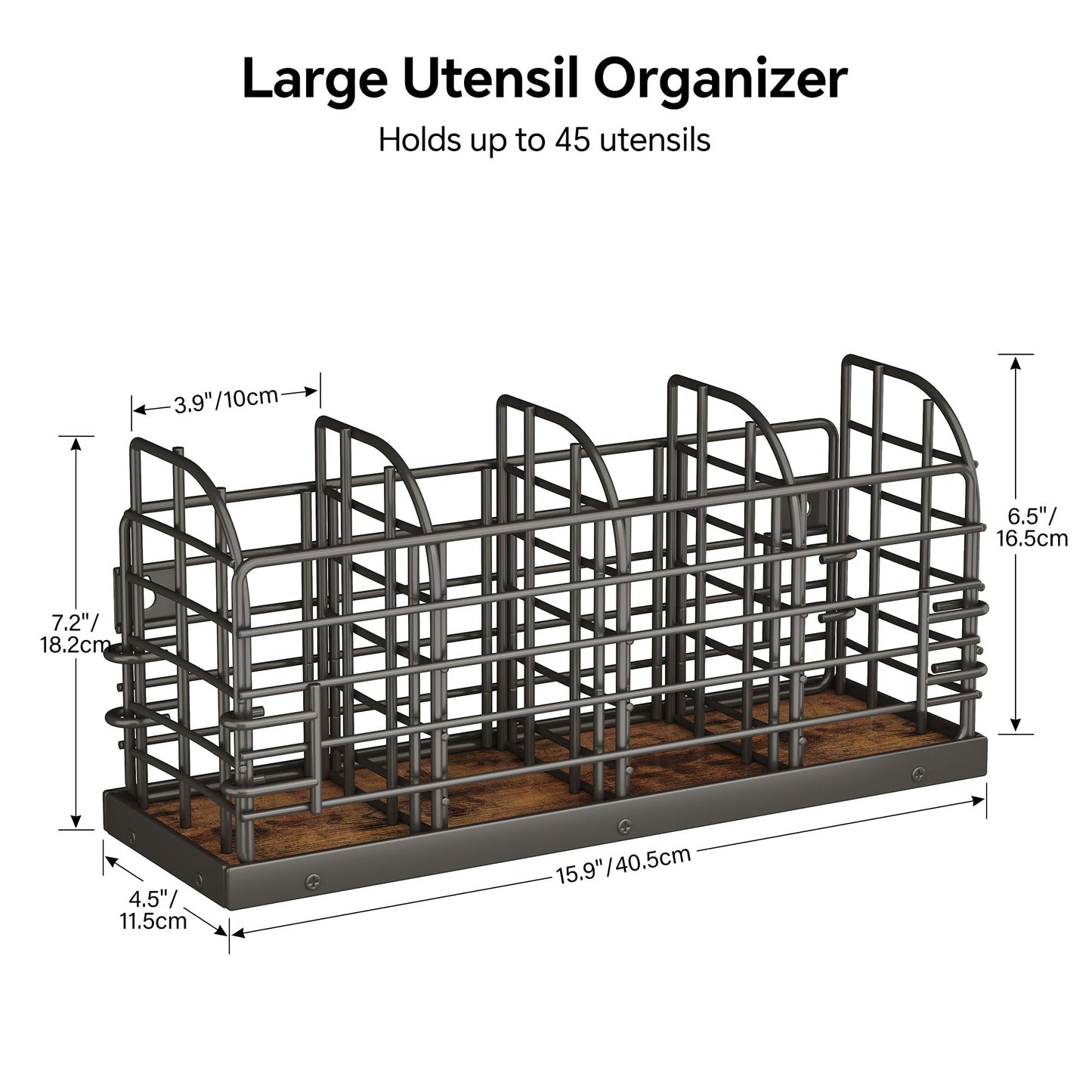 Large Utensil Holder for Kitchen Counter, Wall Mounted Cooking Utensil Holder with 4 Adjustable Compartments, Countertop Caddy, Kitchen Organizer for Countertop, Pantry, Party, Rustic Black and Brown