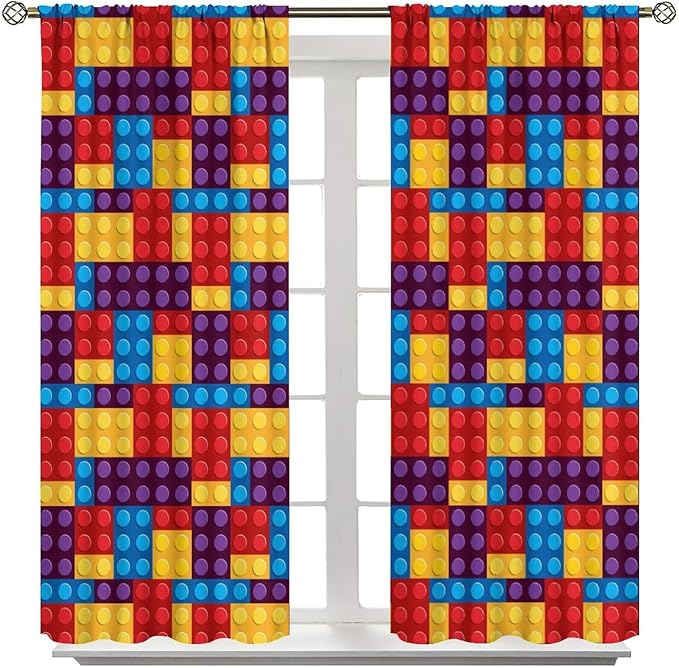 Building Block Colored Curtains, Children's Themed Curtains Collection Building Block Patchwork Cartoon Print Curtains, Light Trim 2 Panel Set Rod Pockets 42x54in