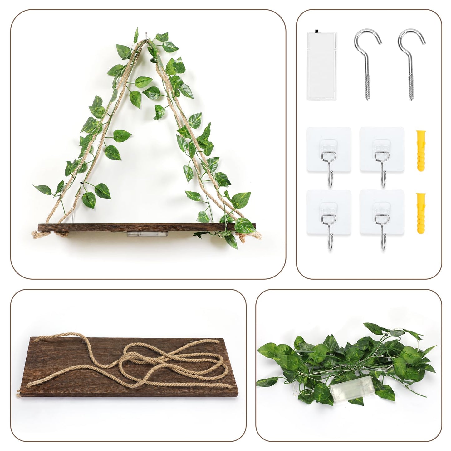 EXIN DECHEN Floating Shelves for Wall No Drilling,Wall Shelves,Hanging Shelf,Leaves and Light Strip with Flower,Set of 2 Plant Decor for Home Livingroom Bedroom,Led Room Decor Aesthetic,Gift