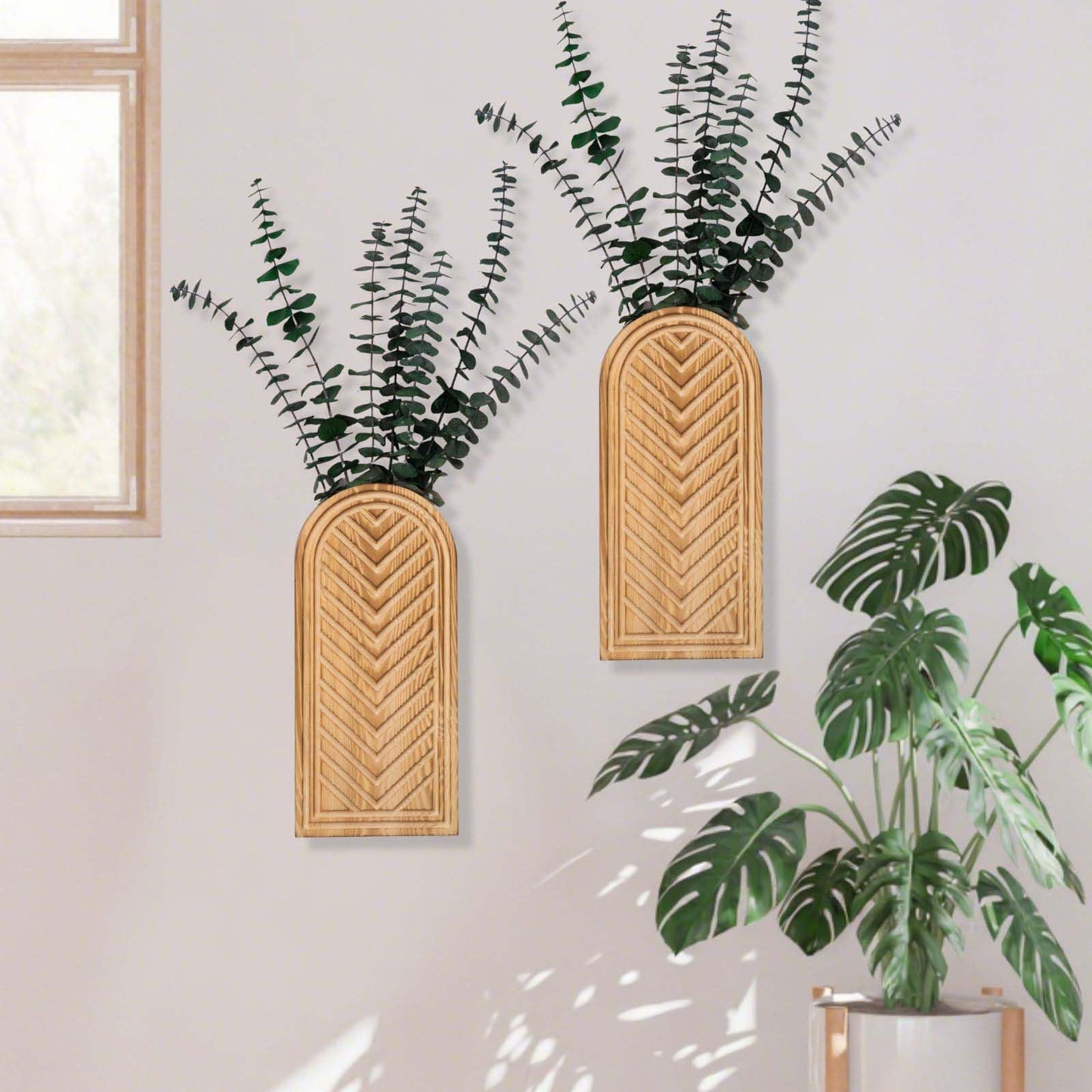 Jerbikas 2 Pack Empty Wooden Wall Vase Set: Modern Farmhouse & Boho Decor for Pampas Grass, Dried Flowers, Faux Greenery - Hanging Planter for Living Room, Bathroom, Above Couch, Office