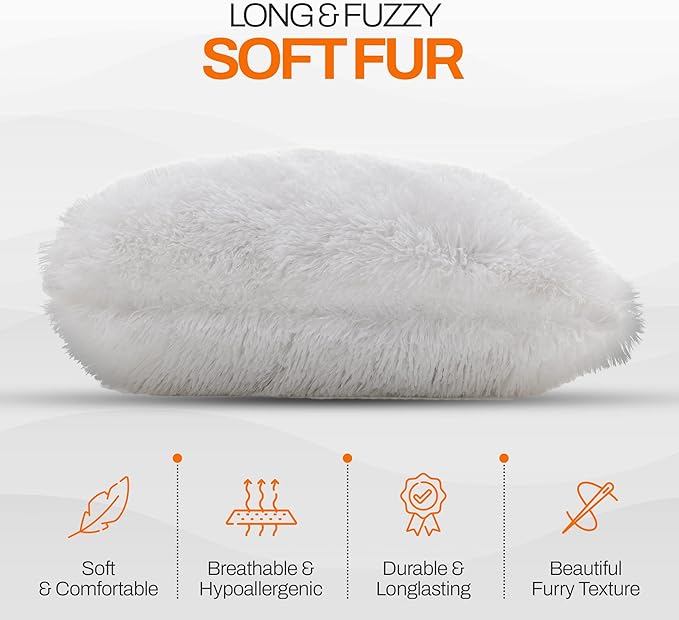 Cheer Collection Throw Pillows for Couch and Bed, Soft Shaggy Throw Pillows with Inserts Included, Cozy Long Hair Faux Fur Pillows - Set of 2-20" x 20" - White