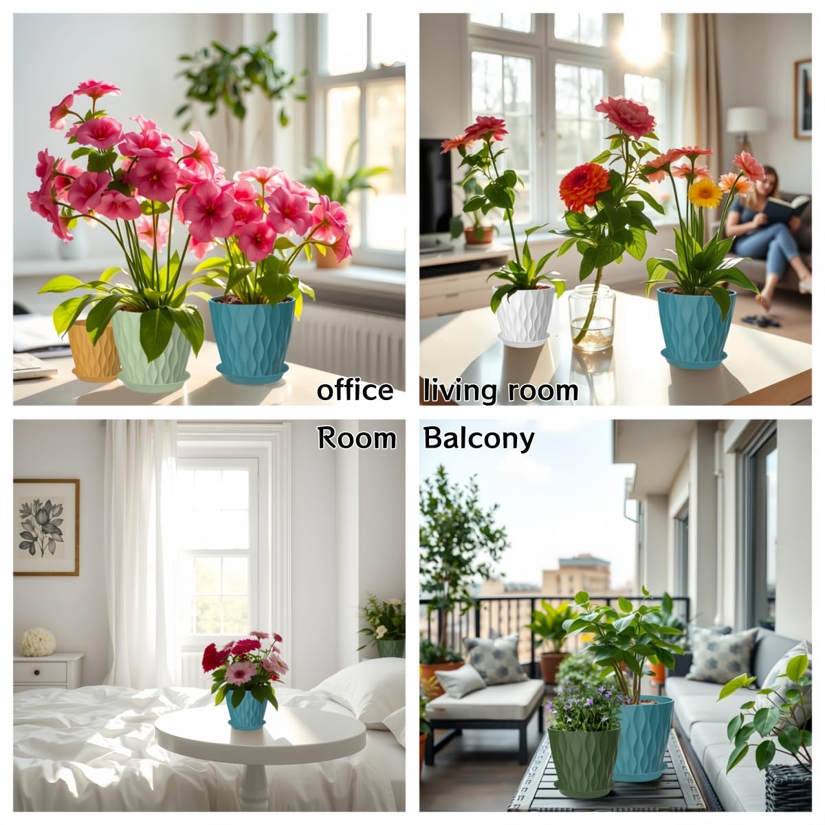 zople 6 Pack 7 Inch Plant Pots with Drainage and Saucers, Multicolour Plastic Flower Pots for Indoor and Outdoor Plants, Stackable Nursery Planters for Houseplants and Herbs, Multicolour