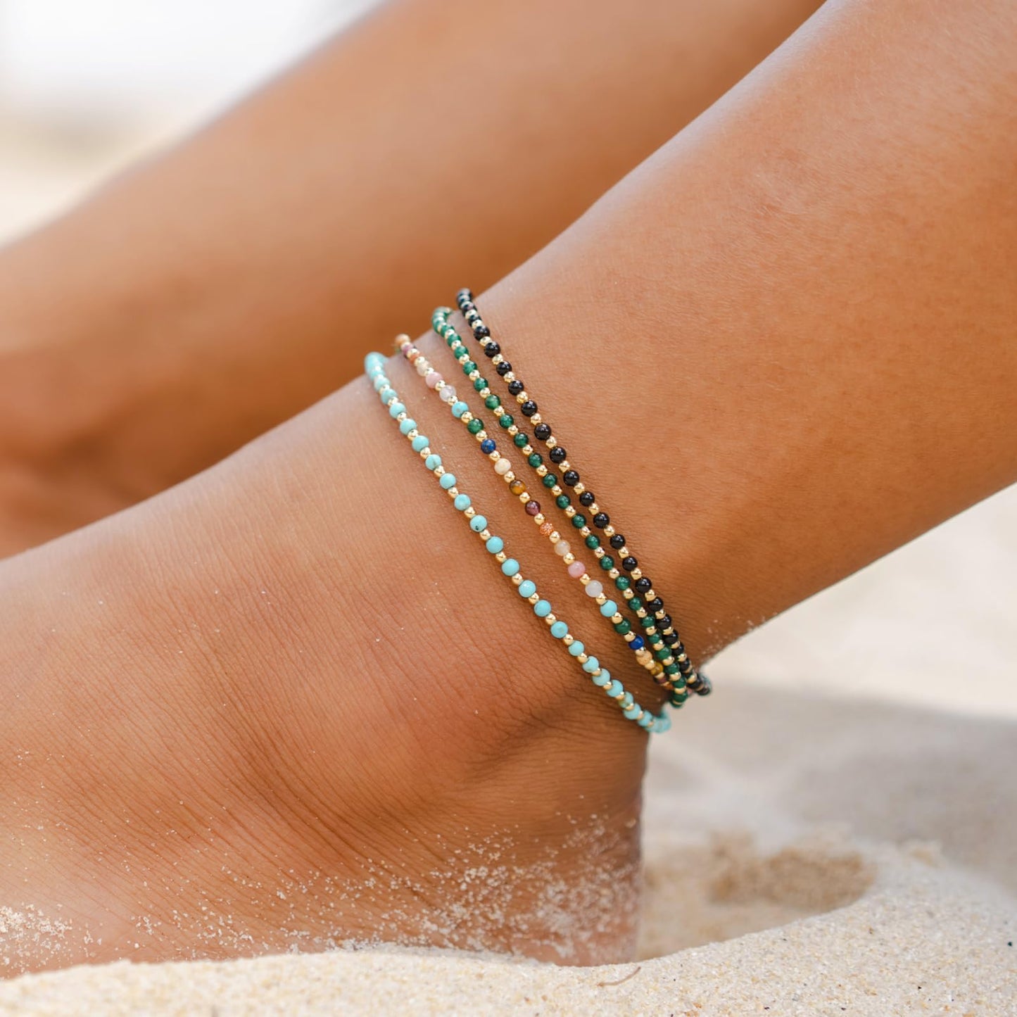 Lotus and Luna 2MM Master Healer Energy Chakra Healing Dainty Anklet with Real Stones Jade, Pearl, Rose Quartz, Amethyst, Moonstone (Yellow Gold)