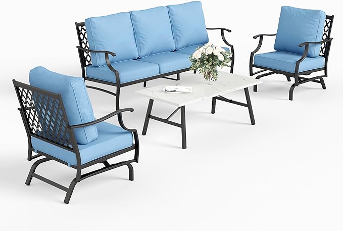 4 Piece Metal Outdoor Patio Furniture Set, Patio Conversation Set 1 3-seater Sofa, 2 Rocking Chair with 5.75" Extra Thick Cushion and Coffee Table, Black Frame Backyard Furniture, Blue