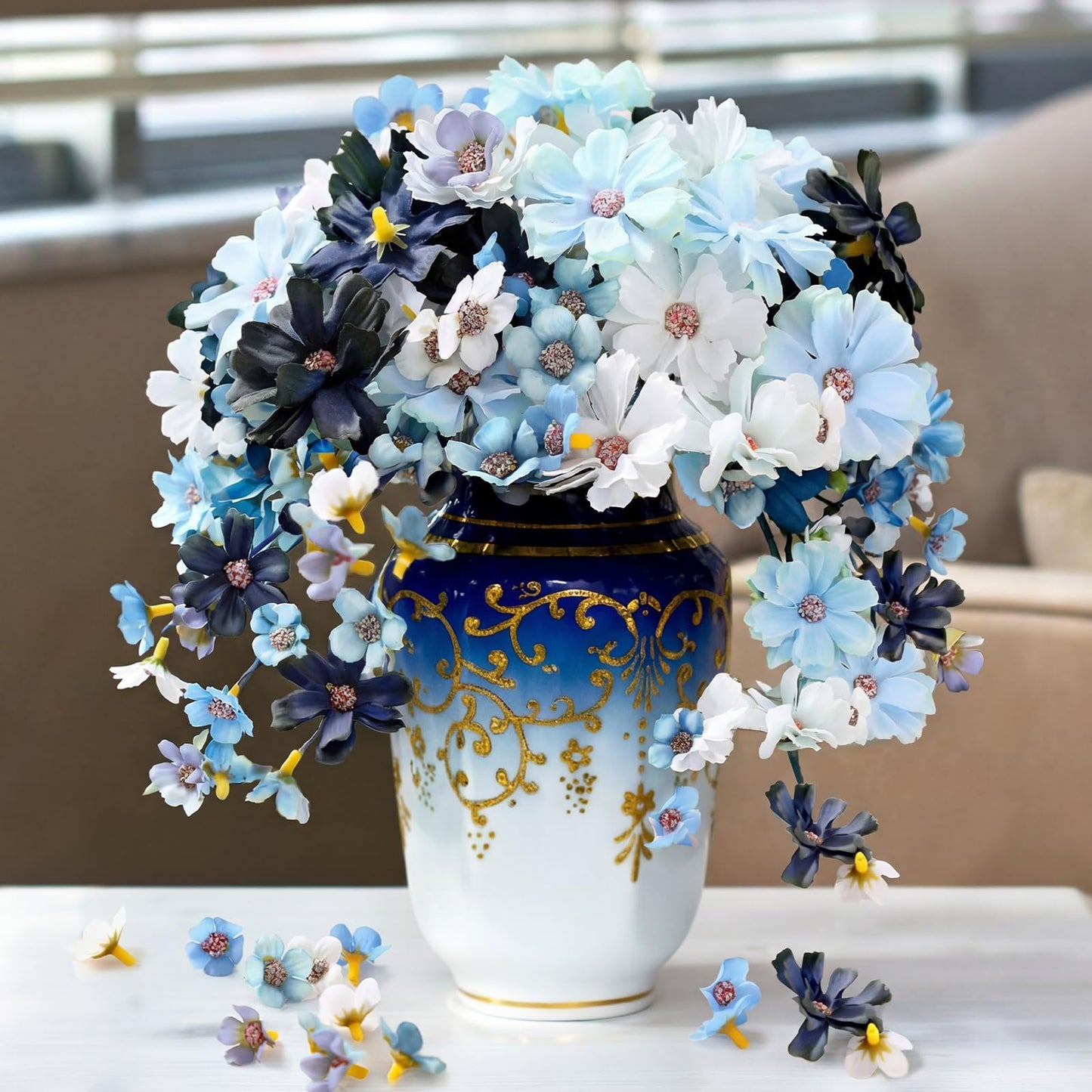 Geosar 120 Pcs Artificial Flowers Bulk Mini Silk Flower for Crafts Fake Small Flowers Heads Floral Arrangement Decor for Spring DIY Wreath Wedding Bouquet Decoration(Blue,Fresh Style)