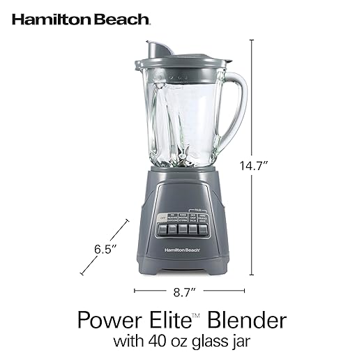 Hamilton Beach Power Elite Wave Action Blender For Smoothies, 40 Oz Glass Jar, 12 Functions Including Puree, Crush Ice, 700 Watts, Grey (58153J)