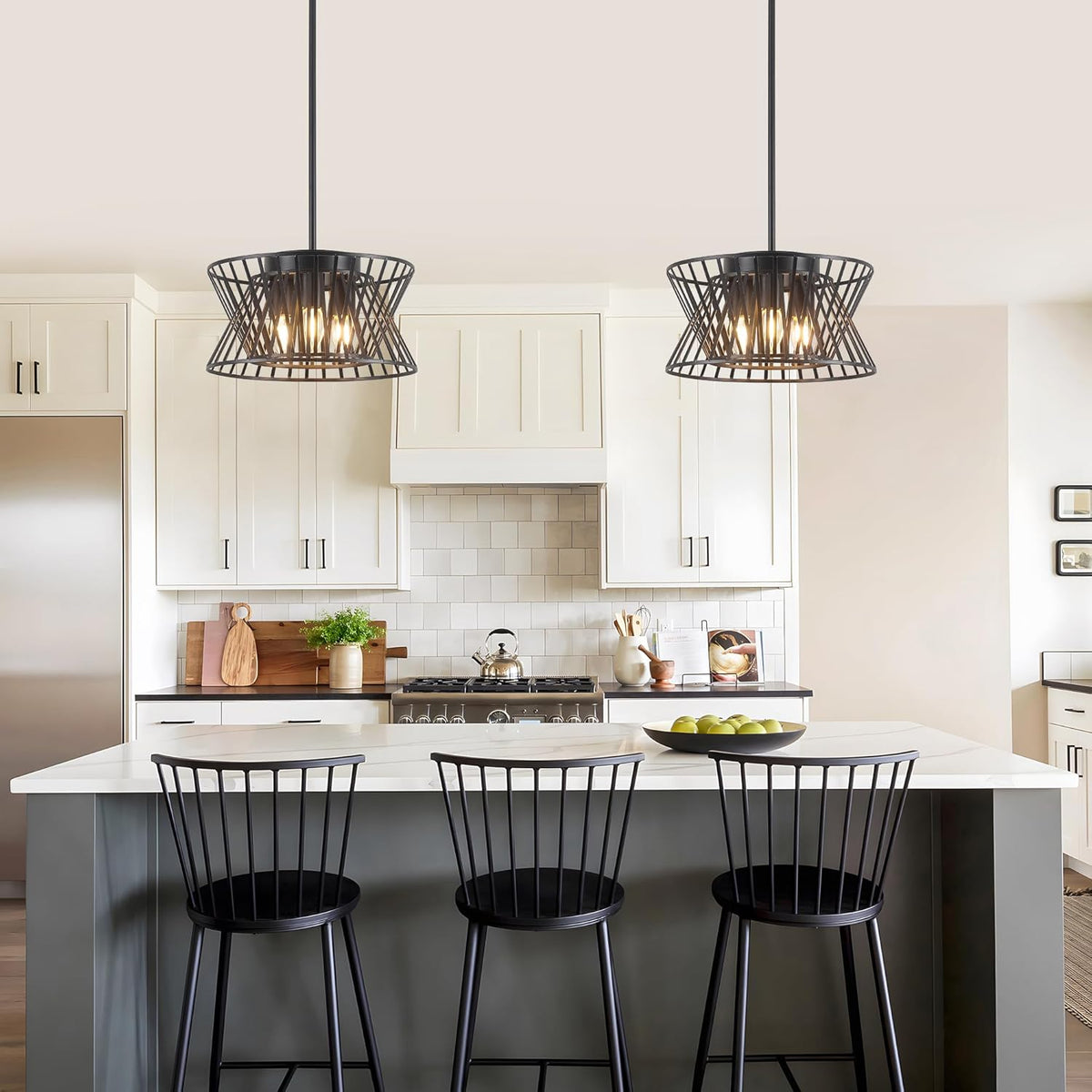 3-Lights Black Pendant Light Vintage Geometric Chandelier Light Fixture Adjustable Metal Lighting Fixtures for Kitchen Room Dining Room Foyer