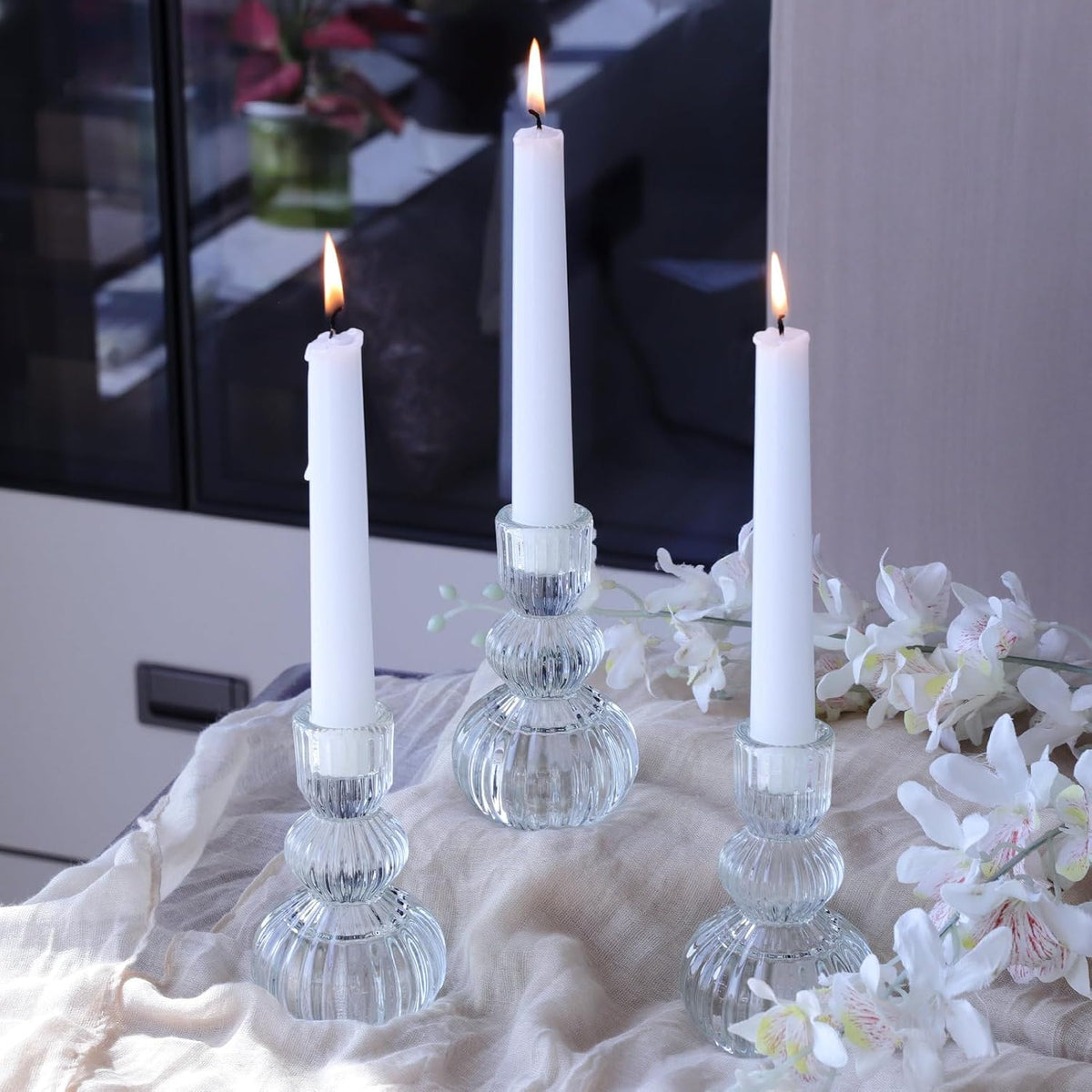 Woho Clear Taper Candle Holders 4.3" H Set of 3 for Wedding Table, Ribbed Glass Candlestick Holders for Daily Home Decor, Vintage Candle Sticks Holder Decor for Thanksgiving Christmas