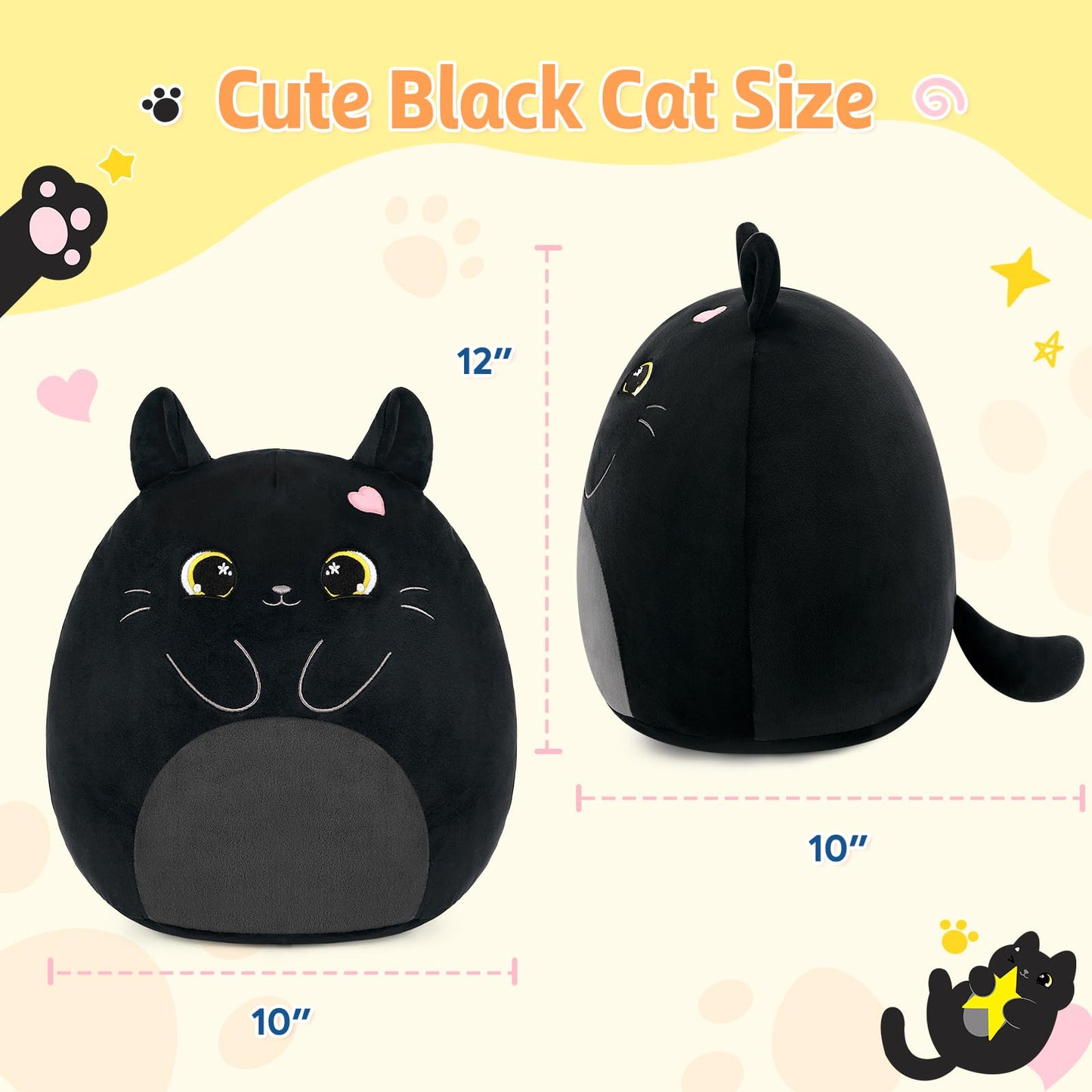 PEACH CAT Original Black Cat Stuffed Animal 12" Cute Kitten Plushies Soft Plush Toys Gifts for Kids