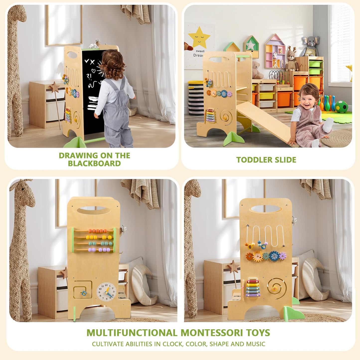 aiwo Toddler Tower Kitchen Step Stool, 3 Adjustable Height Standing Tower for Kitchen Counter, Chalkboard & Montessori Learning Activities