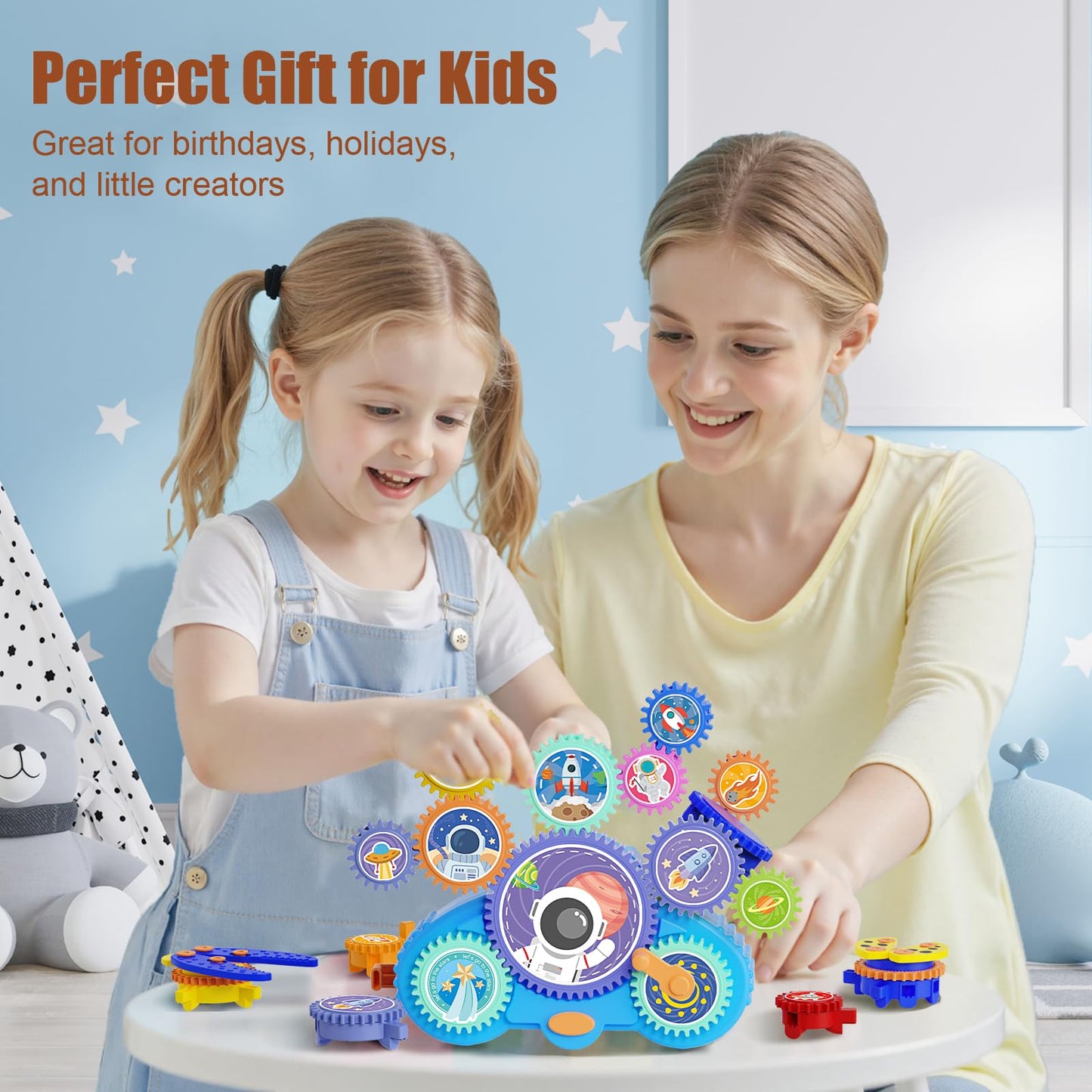 Fivoro STEM Gears Toys for Kids Ages 3+, Creative Learning Building Blocks, 18Pcs Educational Construction Toy Set, Electric & Manual Dual Mode, Versatile Gear Playset Gift for Boys & Girls