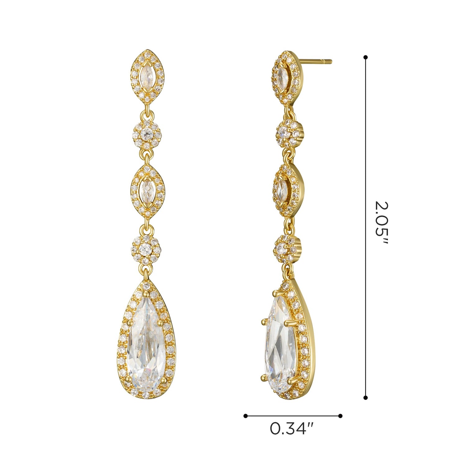 SWEETV Long Pear-Shaped Rose Gold Wedding Birdal Earrings for Brides, Bridesmaids, Crystal Chandelier Dangle Drop Earrings for Women Prom, Gold