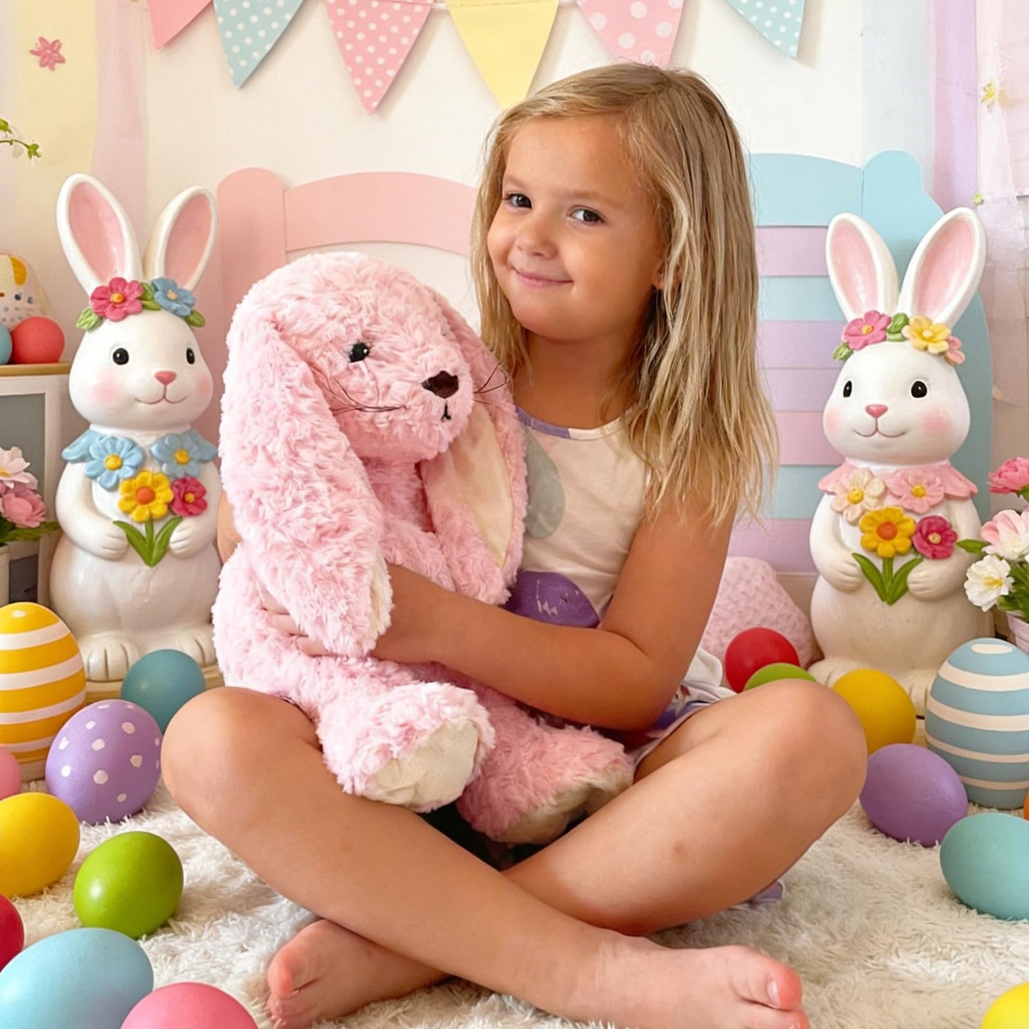 Tezituor Big Pink Rabbit Stuffed Animal, 18 inch Large Easter Stuffed Bunny Plush Body Pillow with Long Ears for Boys Girls, Hugging Soft Rabbit Plush Toy Gift for Easter Party Decor
