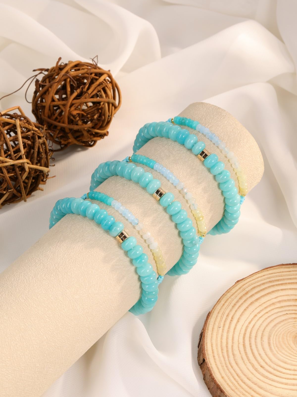 CrystalTears Amazonite Beaded Bracelets for Women, 2pcs Stackable Boho Crystal Gemstone Bracelets Set with Stretch Bracelet and Adjustable Braided Bracelet Summer Beach Jewelry Gifts for Women Her