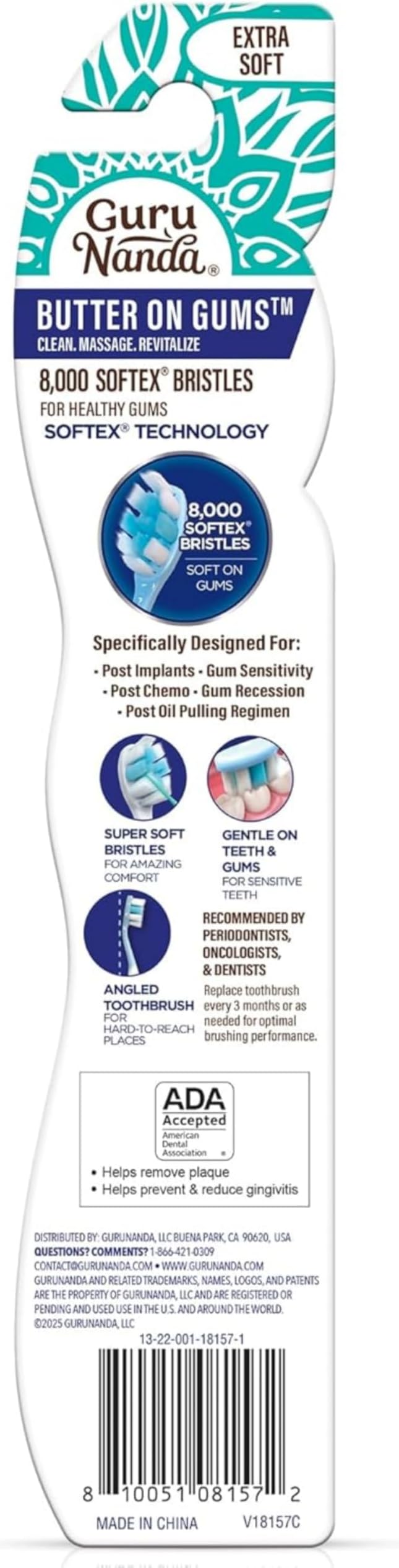 GuruNanda Butter On Gums Toothbrush, ADA Accepted, with 8000+ Ultra Soft Softex Bristles for Sensitive & Receding Gums, Perfect for Whiter Teeth, 1 Ct (Pack of 2)