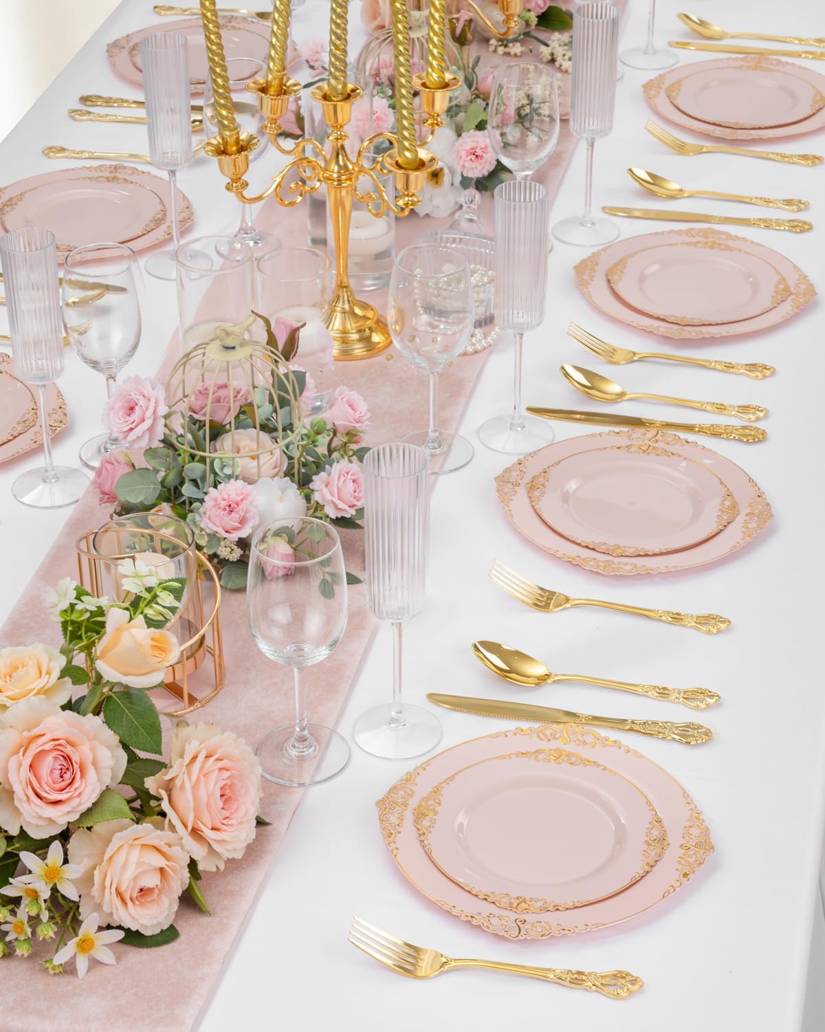 200PCS Pink and Gold Plates - Pink Plastic Plates - Fancy Disposable Plate with Gold Rim - Vintage Wedding Dinner & Dessert Plate for 100 Guests for Wedding & Party & Bridal Shower