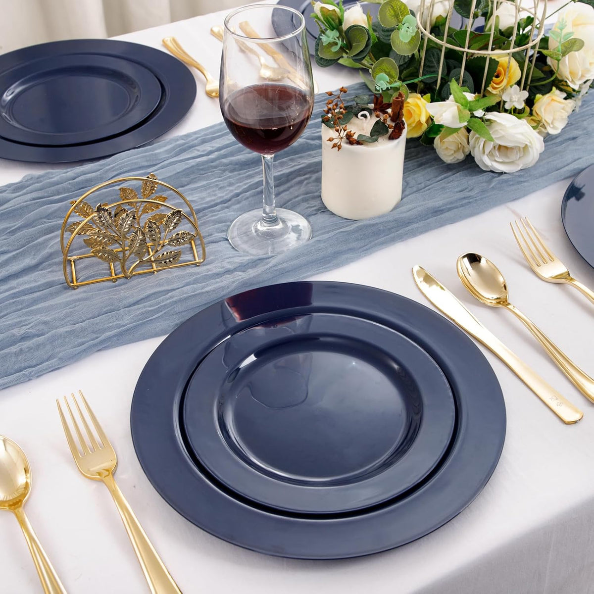 FLOWERCAT 100PCS Blue Plastic Plates - Heavy Duty Blue Disposable Plates for Possover Party/Wedding/Hanukkah - Include 50PCS 10.25inch Dinner and 50PCS 7.5inch Dessert/Salad Plates for 50 Guests