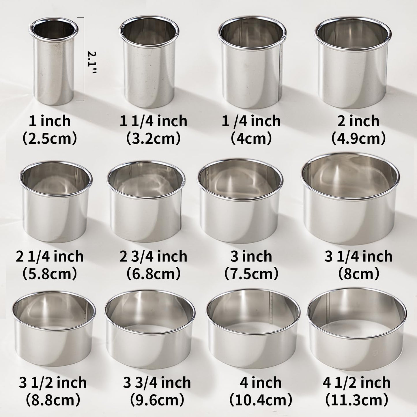 12 Pcs 304 Stainless Steel Biscuit Cutter Set, Round Cookie Cutters for Baking (1/2/3/4/5'') with PP Storage Box, Dough Pastry Cake Circle Cutting Ring Molds, Non-Rust Double Thickness & 2.1‘’ High