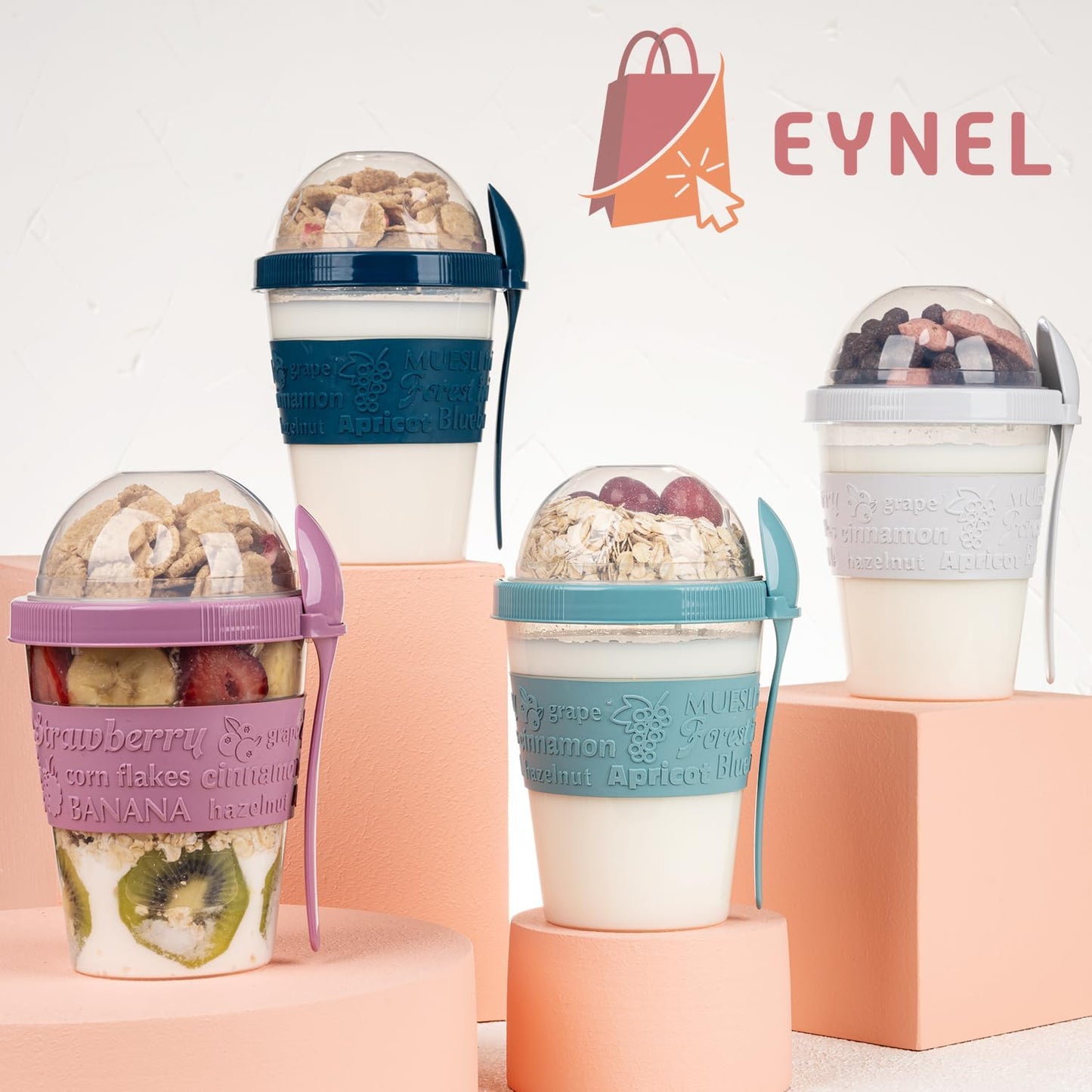 EYNEL 4 Pack Reusable On The Go Yogurt Parfait Cups, Breakfast Plastic Containers with Lids and Spoons, Perfect Jars for Overnight Oats Cereal Granola Oatmeal Smoothies and Snack Prep