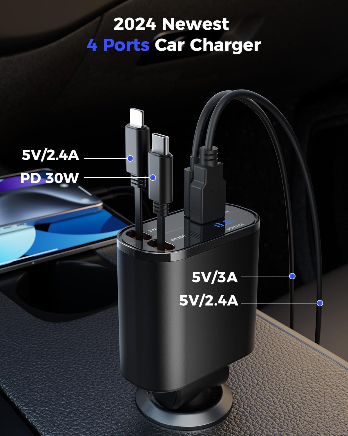 Retractable Car Charger 4 in 1 Fast Car Phone Charger Adapter with Type C & Apple Cords Compatible with iPhone 16/15/14/13/12/11, Galaxy, Pixel