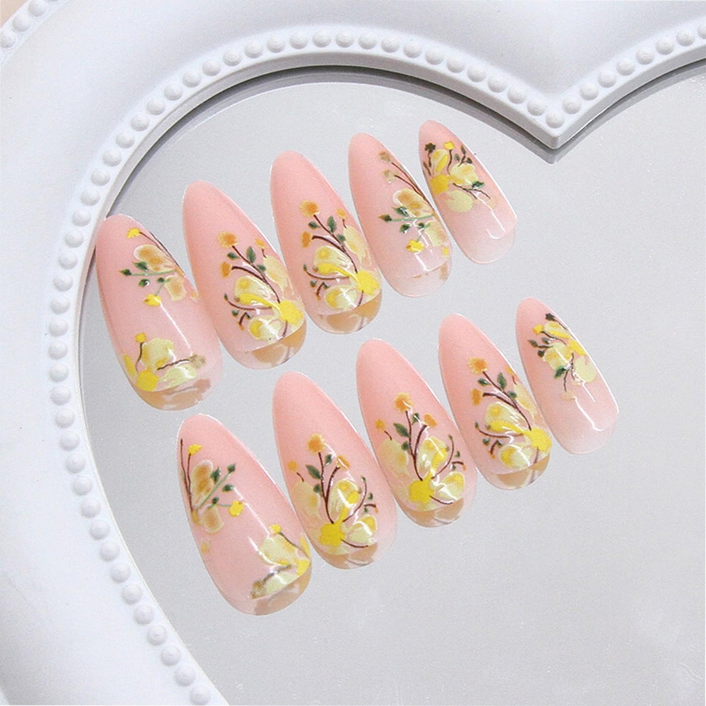 French Press on Nails 24 Pcs Fake Nails Short Almond with Yellow Flower Designs Glue on Nails Full Cover Acrylic Nails Reusable Stick on Nails Glossy Artificial Nails for Women