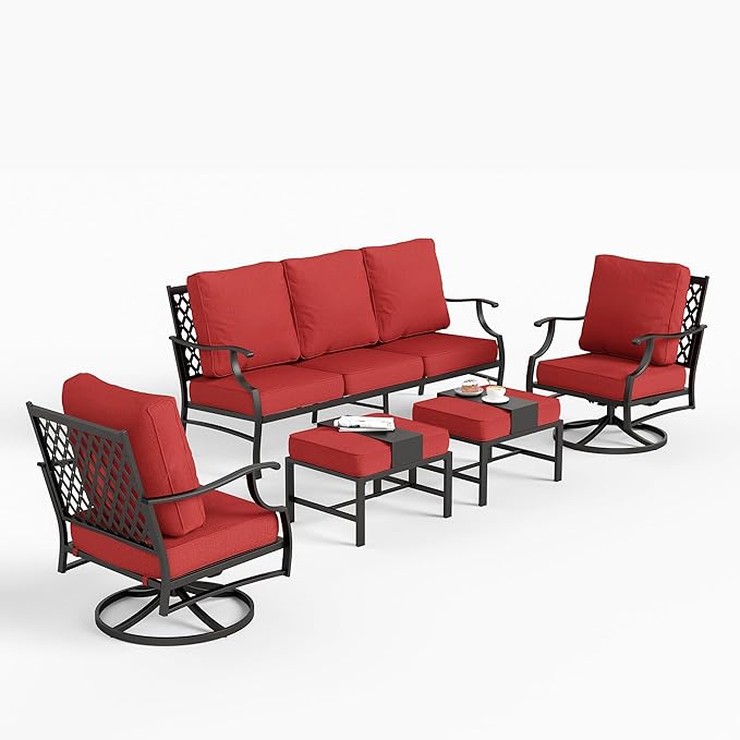 5 Piece Metal Outdoor Patio Furniture Sets, Patio Conversation Sets 1 3-seater Sofa, 2 Swivel Chairs, 2 Ottomans with 5.75" Thick Cushion, Black All-weather Backyard Furniture Set, Red