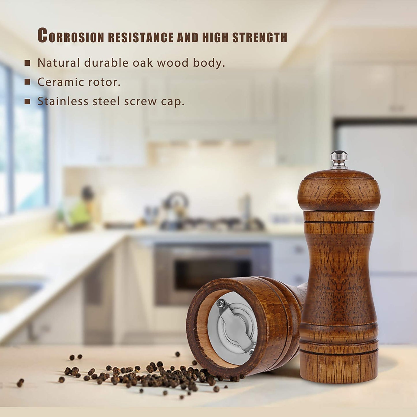 Pepper Mill - 5 inch Pepper Grinder Pepper Grinder Refillable Oak Salt and Pepper Grinder Set Sea Salt Grinder Ceramic Pepper Mill Grinder Adjustable Coarse to Fine pepper Grinder Mill (2Pack)