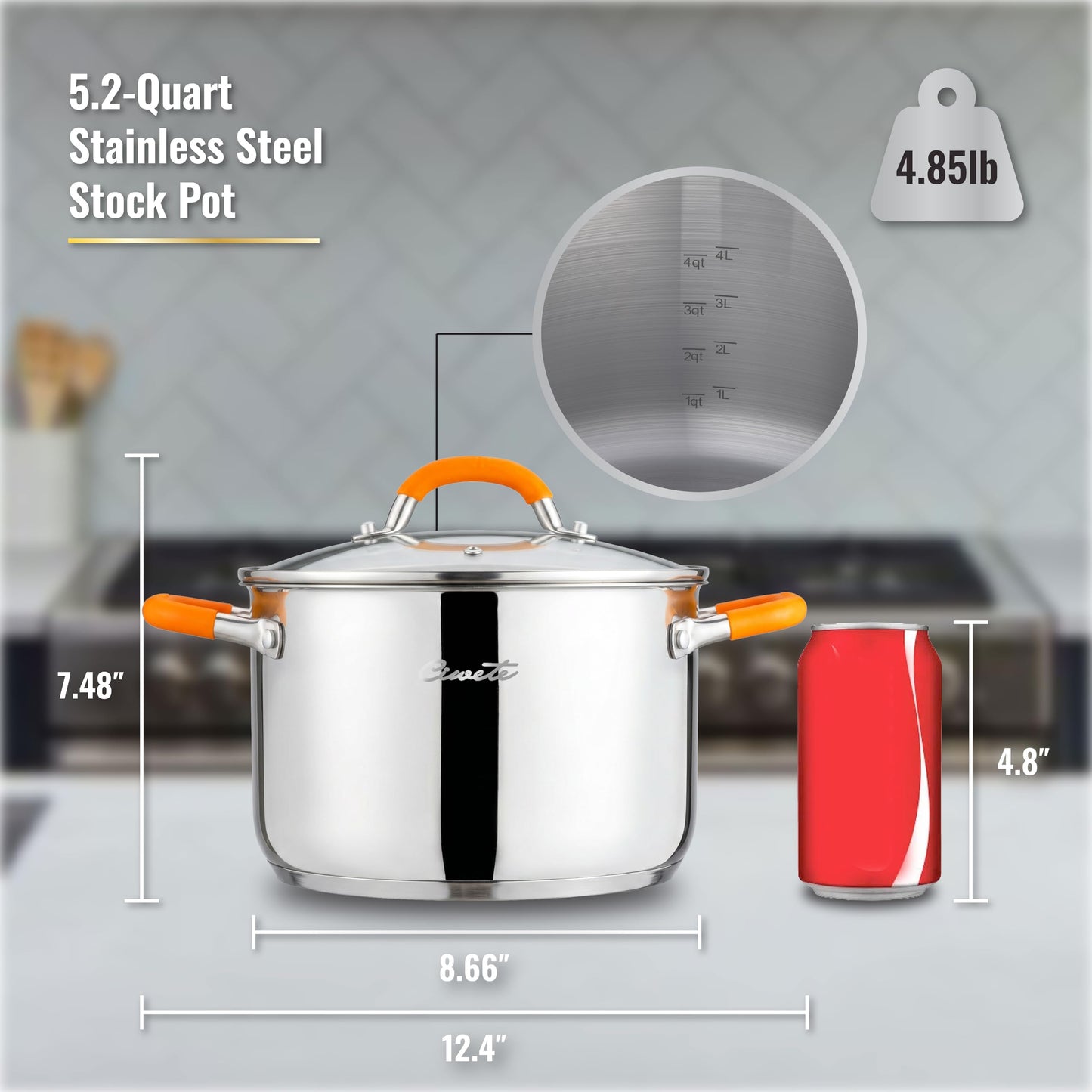 Ciwete Stainless Steel Stock Pot, 5.2 Quart Soup Pot with Lid, Heavy-Duty Thick Bottom Induction Cooking Pot for Pasta, Stew & Simmering, Even Heating, Compatible with All Cooktops, Dishwasher Safe