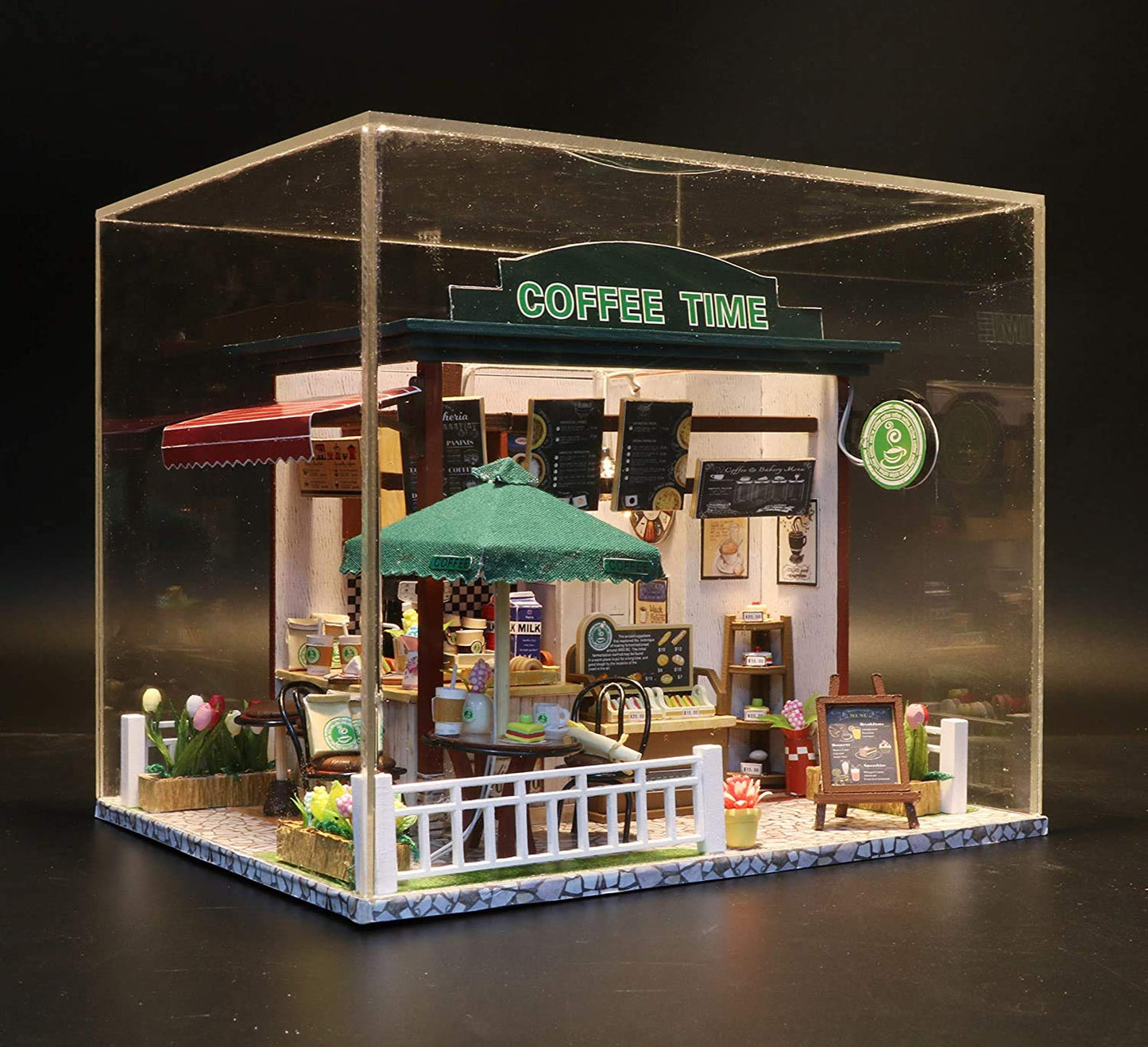 Flever Dollhouse Miniature DIY House Kit Creative Room with Furniture for Romantic Valentine's Gift (Time Cafe)