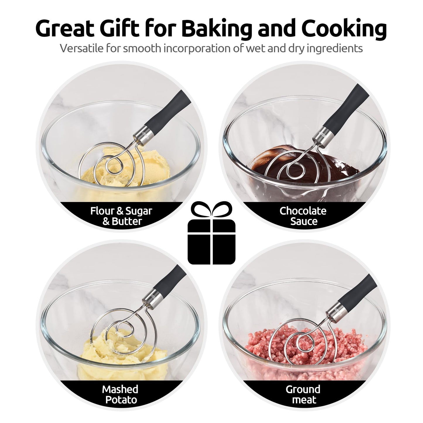U-Taste 12.6" Danish Dough Whisk: 18/8 Stainless Steel Heavy-Duty Sourdough Mixer Tool, Food Grade Dutch Style Seamless Bread Wisk, Sturdy for Mixing, Stirring, Pressing, Kneading Thick Batter (Black)