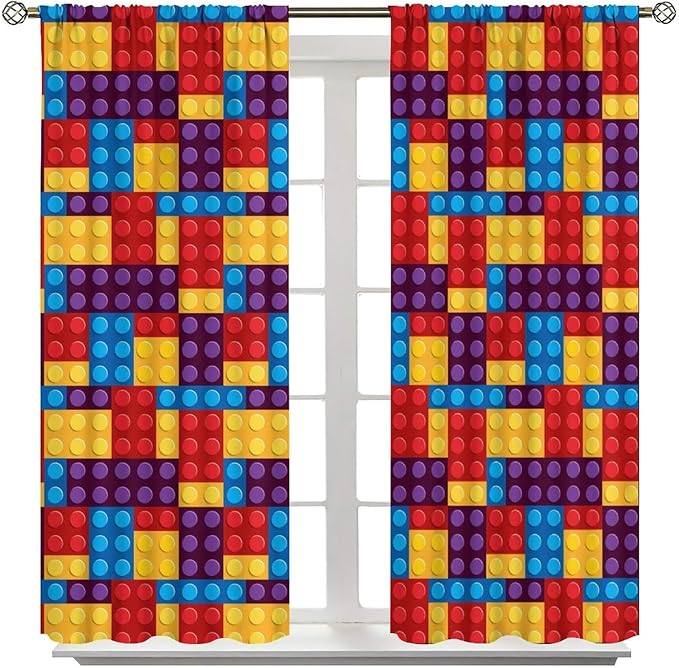 Building Block Colored Curtains, Children's Themed Curtains Collection Building Block Patchwork Cartoon Print Curtains, Light Trim 2 Panel Set Rod Pockets 42x63in