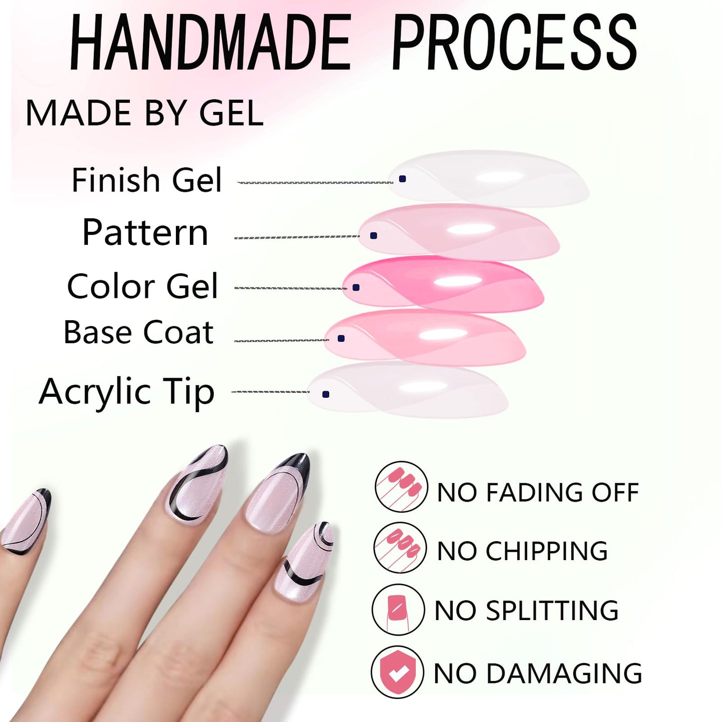 WAFOLOZE Press On Nails Long Almond Fake Nails Holiday Nail Press Ons With Simple Black Lines Cat's Eye Design, Artificial False Nails Stick On Nails for Women-30Pcs