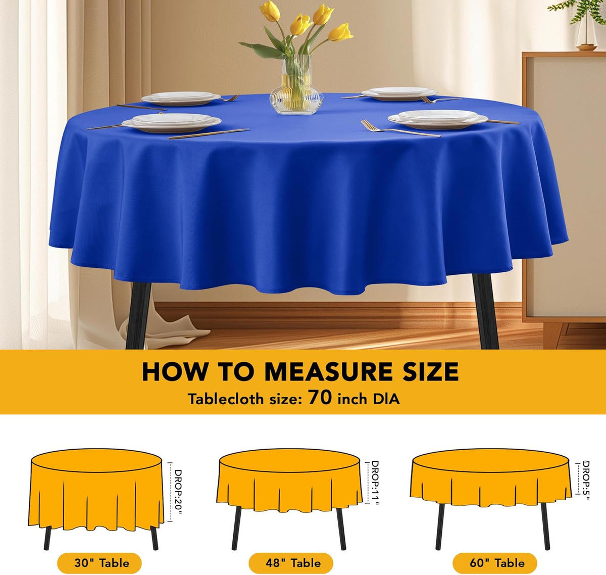 10-Pack Royal Blue Round Tablecloths, 70 Inches, Stain-Resistant Polyester for 3-4 Ft Round Tables - Washable Table Covers for Weddings, Banquets, Birthday Parties, Events