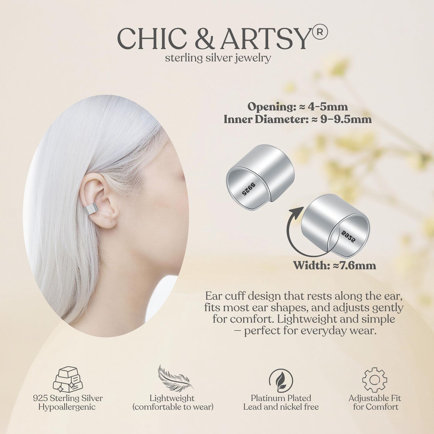 CHIC & ARTSY 925 Sterling Silver Ear Cuffs High-Polish Ear Cuffs for Women Non Piercing Adjustable Thick Cuff Earrings Set Clip On Cartilage