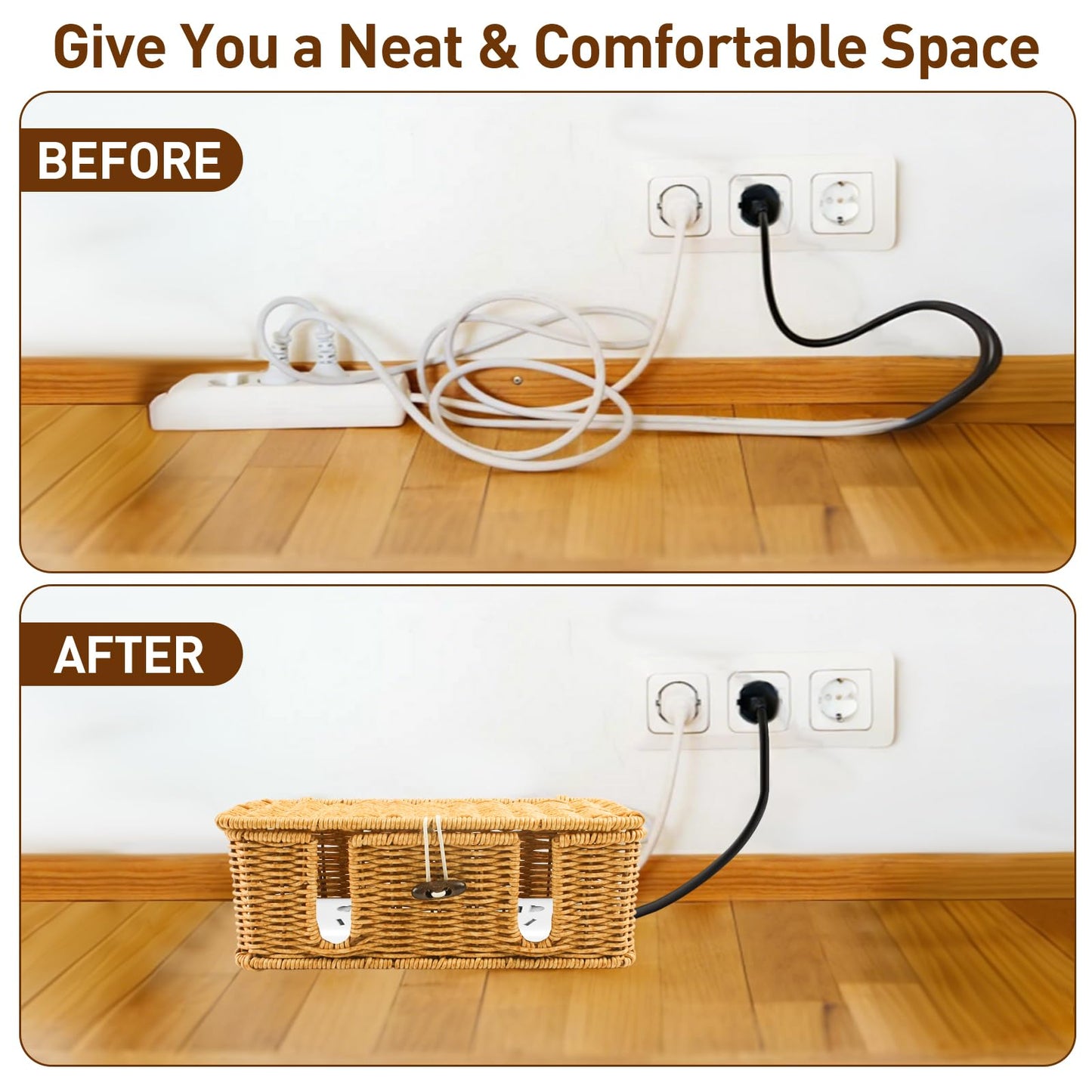 CENELO Cable Management Box - 2 Pack Cord Hider Organizer Boxs - Small & Medium Szie Power Cover Cord Box, Handwoven Rattan Cable Organizer for TV Computer USB Hub Power Strips & Cords