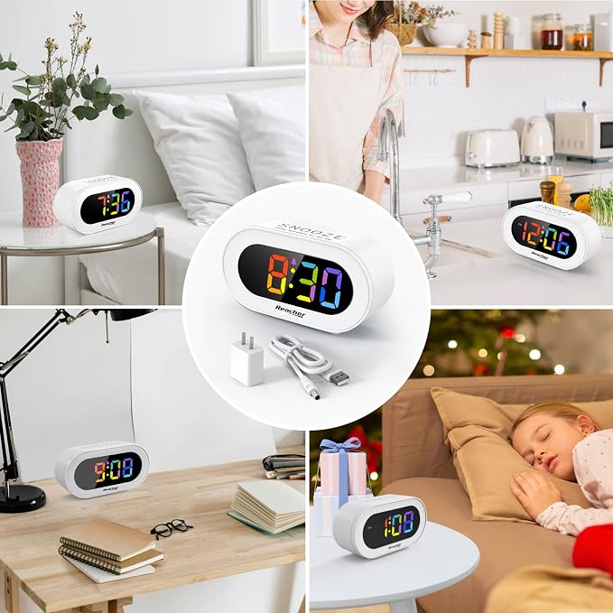 REACHER Small Colorful LED Digital Alarm Clock with Snooze for Bedrooms
