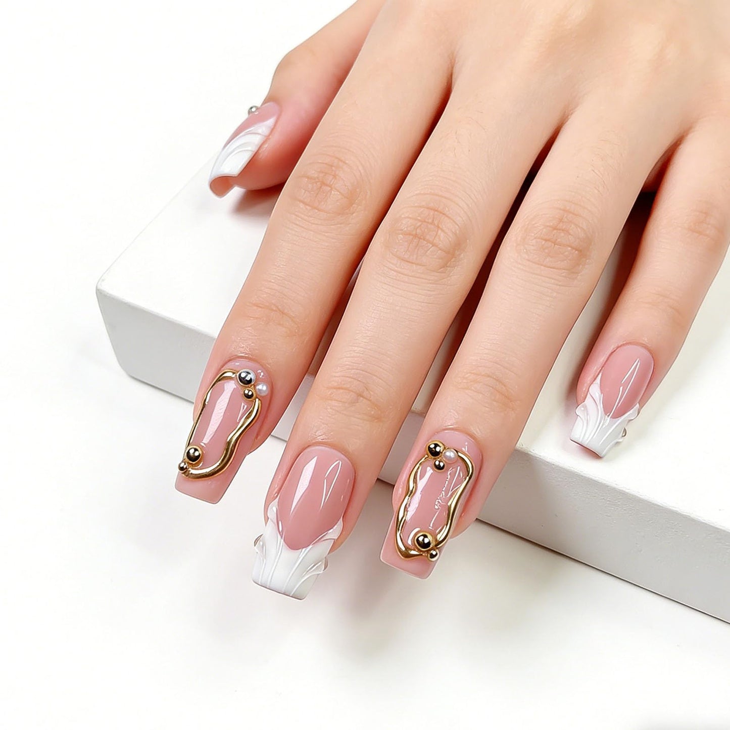 10 Pcs Handmade Press on Nails Medium Square Fake Nails with 3D Glod Curve Design White French Tip False Nails Pink Acrylic M Size Press Ons Nails Square for Women Nail Art