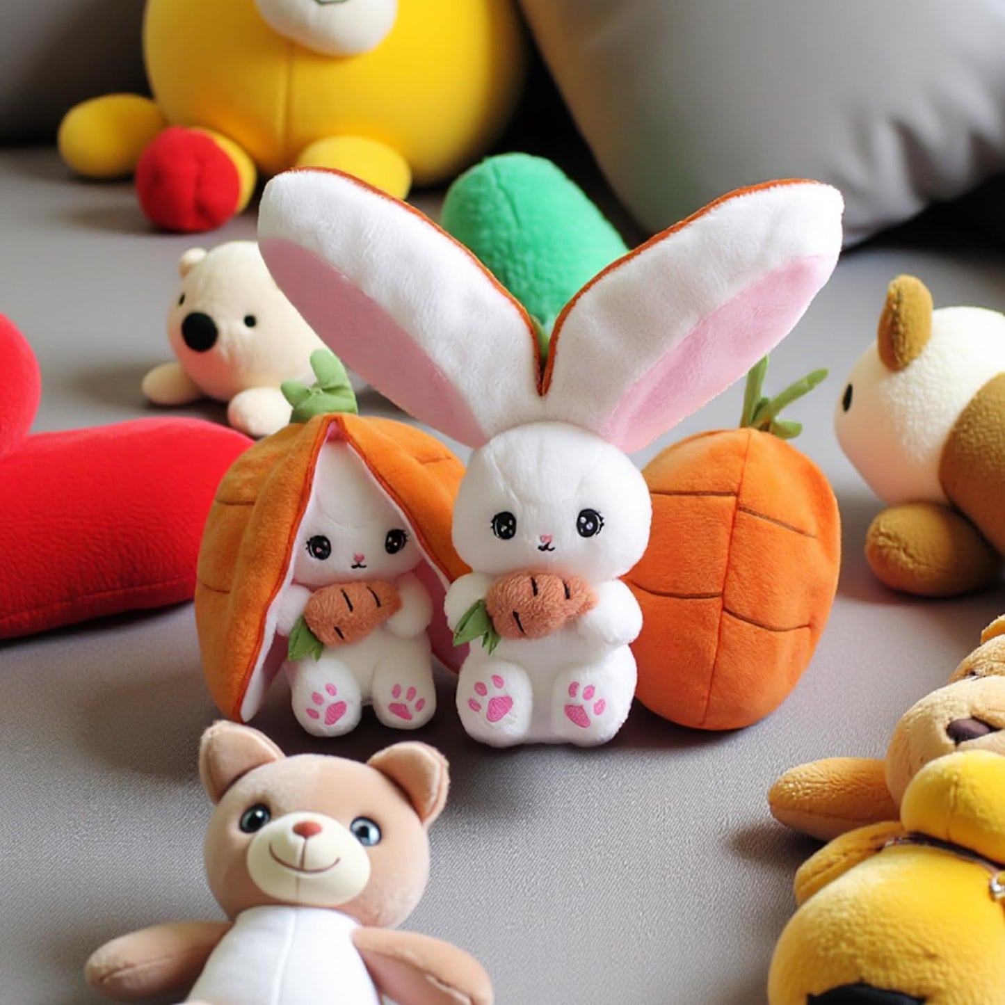 YUMEYA Bunny Stuffed Animal Reversible Cuddle Stuffed Pillow,Strawberry Transformed Rabbit Plush Zipper,Cute Kawaii Rabbit Toys Pillow Decoration for Kids